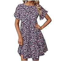 Women's Allover Floral Print Flounce Short Sleeve Round Neck A Line Short Dress Pleating High Waisted Dressy Casual Dresses