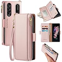 Antsturdy Samsung Galaxy Z Fold 3 5G Wallet with Card Holder for Women Men,Galaxy Z Fold 3 Phone case RFID Blocking PU Leather Flip Shockproof Cover with Strap Zipper Credit Card Slots,Rose Gold