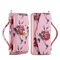 Multifunction Wallet Case for iPhone 13,Large Capacity Floral Pattern Leather Zipper Clutch Bag Case Pink