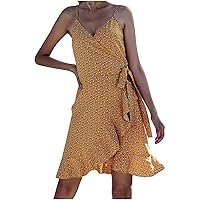 2021 Women Fashion Floral Print Sleeveless V-Neck Casual Knee-Length Dress(G)