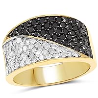 14K Yellow Gold Plated 1.20 Carat Genuine Black Diamond and White Diamond .925 Sterling Silver Ring
