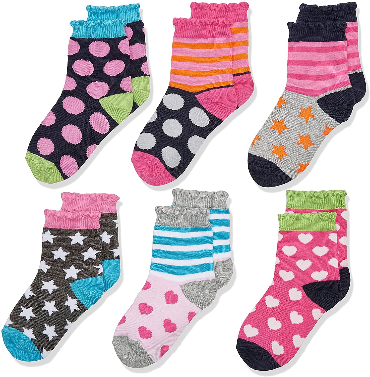 Jefferies Socks Little Girls' Dots/Hearts/Stripes Fashion Crew Socks 6 Pairs Pack
