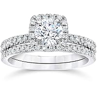 Pompeii3 10k White Gold 5/8Ct TW Round-Cut Natural Diamond Cushion Halo Engagement Ring With Matching Wedding Band Set Women's