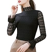 Women's Lace Blouses Bell Sleeve Mock Neck Solid Color Sexy Hollow Out Embroidery Tops Elegant Mesh Nylon Shirts