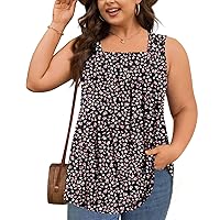 Anyhold Womens Summer Sleeveless Plus Size Tops Flowy Pleated Square Neck Shirt Casual Loose Fit Tank Tops