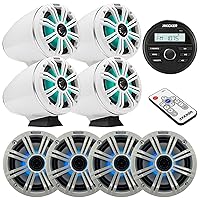 Kicker All-Weather Gauge Style Bluetooth Media Center Receiver, 4X 6.5 195W Max White Marine Multicolor LED Loaded Tower Speakers, 4X 6.5 OEM Replacement White LED Boat Speakers, LED Remote