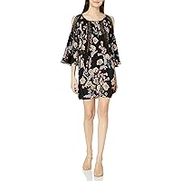 Angie Women's One Size Black Floral Printed Crochet Inset Dress with Cold Shoulders