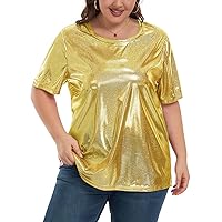 Women's Plus Size Top Shiny See Through T Shirt Holographic Metallic Shirt Party Disco Tee Blouse
