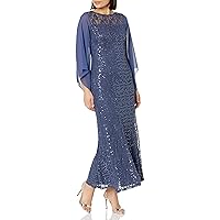 S.L. Fashions Women's Long Sequin Lace Gown with Illusion Flare Sleeves