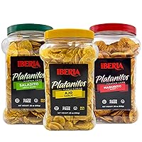 Iberia Plantain Chips Variety Bundle, Lightly Salted 20 oz, Garlic 20 oz, Maduritos 20 oz
