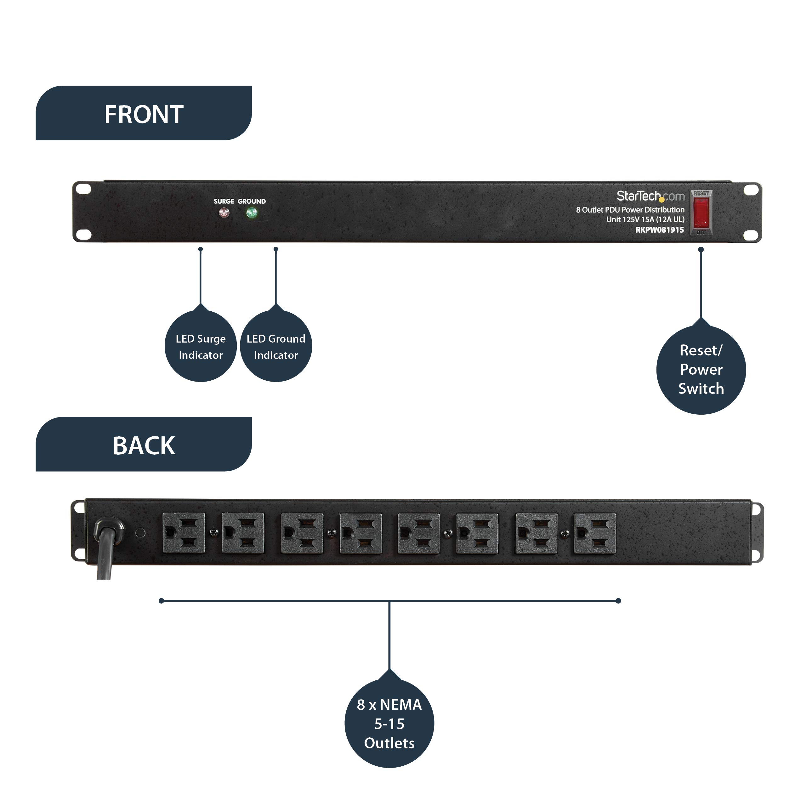 StarTech.com 8 Outlet Horizontal 1U Rack Mount PDU Power Strip for Network Server Racks - Surge Protection - 120V/15A - w/ 6ft Power Cord (RKPW081915)