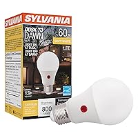 SYLVANIA Dusk to Dawn A19 LED Light Bulb with Auto On/Off Light Sensor, 60W=9W, 800 Lumens, 2700K, Soft White - 1 Pack (41288)