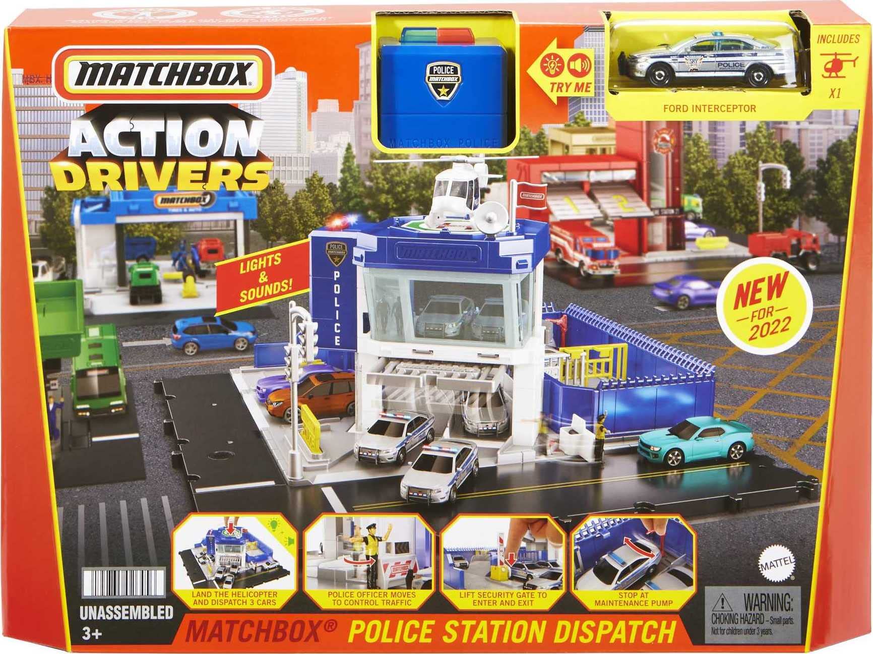 Matchbox Action Drivers Police Station Dispatch Playset with 1 Helicopter & 1 Ford Police Car, with Lights & Sounds