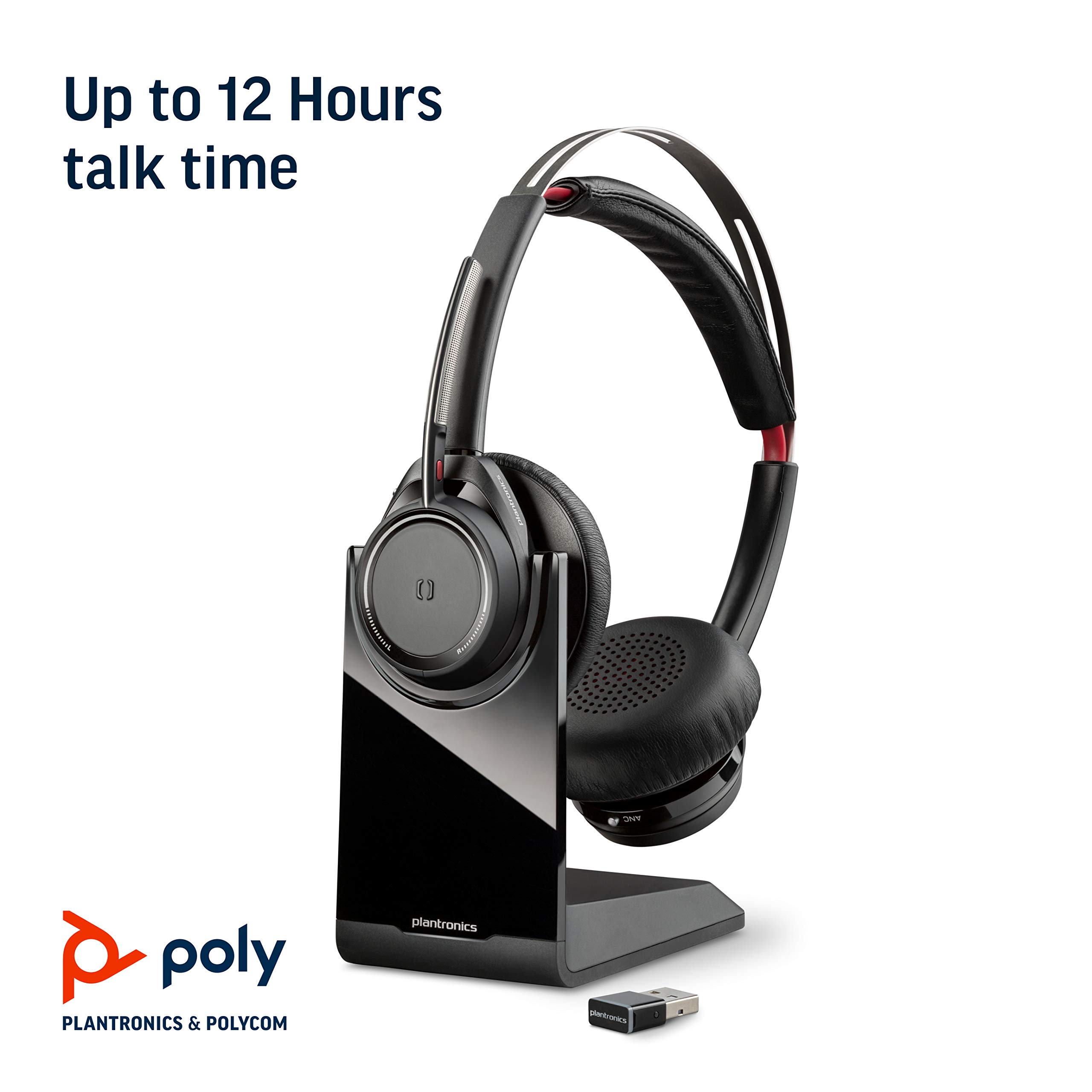 Plantronics - Voyager Focus UC with Charge Stand (Poly) - Bluetooth Dual-Ear (Stereo) Headset with Boom Mic - USB-A Compatible with PC and Mac - Active Noise Canceling - Works with Teams, Zoom & More