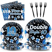 100Pcs 10th Birthday Decoration for Boy Girl Navy Blue Black Paper Plate Napkin Fork Set Double Digits Birthday Dinnerware Table Supplies 10 Years Old Birthday Party Tableware Decor Serves 25
