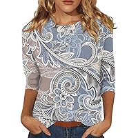Petite Tops for Women Size Petite 3/4 Length Sleeve Womens Tops Women 2023 Casual Tops for Women Summer Blouses Round Neck Print Pullover Trendy Loose T-Shirt Top Medium 01-Blue