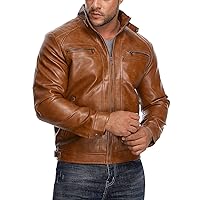 HOOD CREW Men’s Stand Collar Leather Jacket Casual Faux Leather Motorcycle Jacket Outerwear Coat with Zipper Pockets