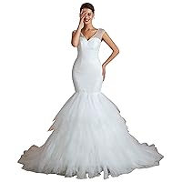 Women's V-Neck Sequins Lace-up Layered Mermaid Wedding Dress White US4