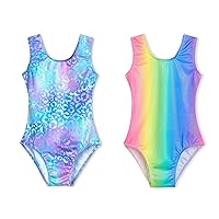 Domusgo Girl Leotard Gymnastics Size 5-6 Years Old Shiny One-Piece Blue Outfits Sparkle Colorful Stripe Sleeveless Gym Outfit for Kids Team Sport
