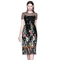 Womens Embroidered Floral Mesh Dress Short Sleeve Sheer Mesh Casual A-line Dress