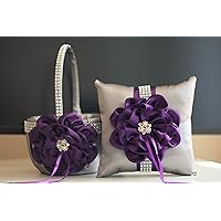 Gray Plum Ring Bearer Pillow & Wedding Flower Girl Basket Set Big Flower Collection