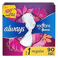 Always Radiant Feminine Pads For Women, Size 1 Regular Absorbency, With Flexfoam, With Wings, Light Clean Scent, 30 Count x 3 Packs (90 Count Total)