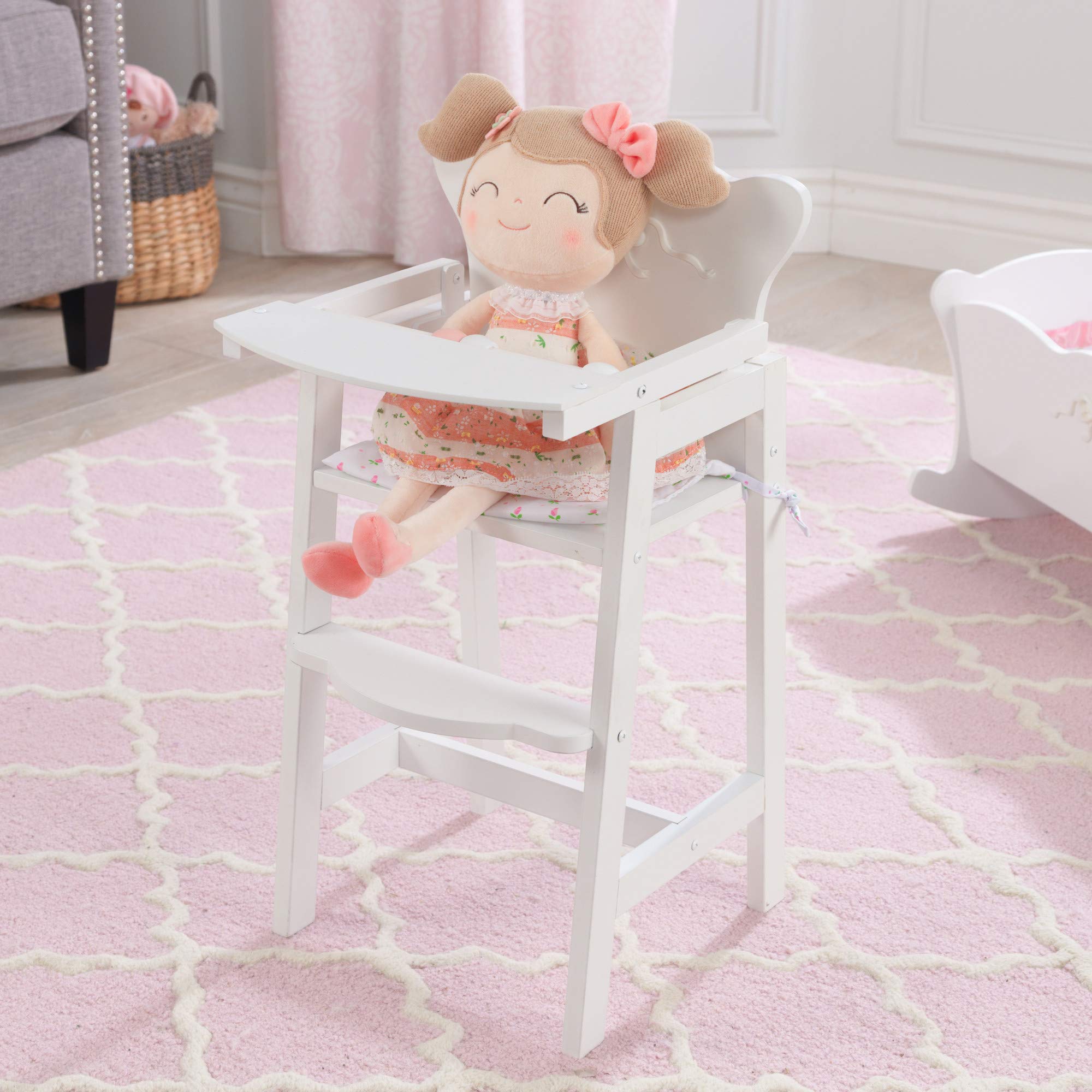 KidKraft Tiffany Bow Scalloped-Edge Wooden Lil Doll High Chair with Seat Pad - White, Gift for Ages 3+