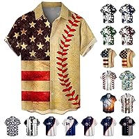 Mens Baseball Shirts Casual USA Flag Patchwork Print Shirts Button Down Lapel Short Sleeve Basic Active T Shirts