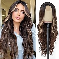 Long Brown Mixed Blonde Wavy Wig for Women 26 Inch Middle Part Curly Wavy Wig Natural Looking Synthetic Heat Resistant Fiber Wig for Daily Party Use (Brown Mixed Blonde)