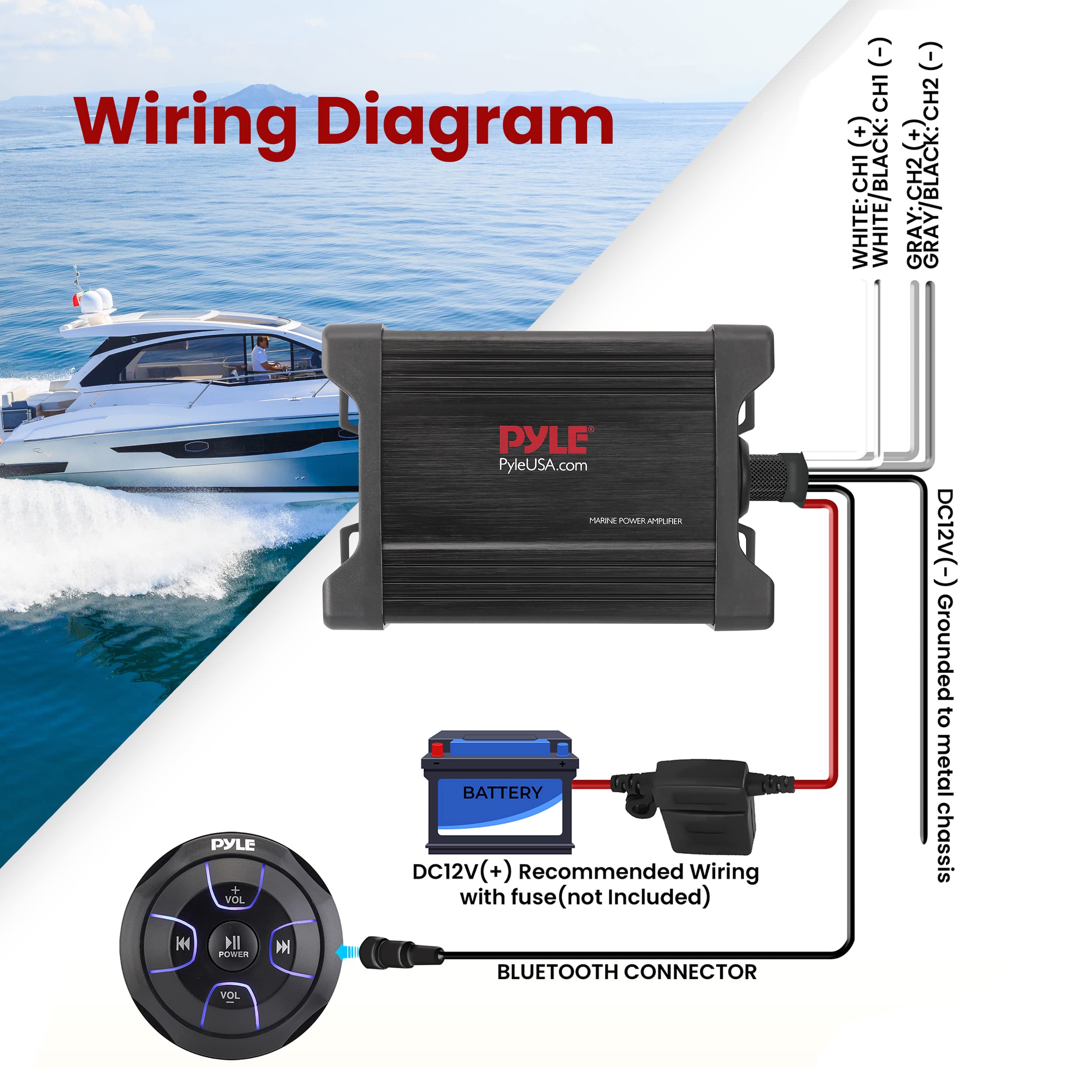 Waterproof Bluetooth Marine Amplifier Receiver - Weatherproof 2 Channel Wireless Amp for Stereo Speaker with 600 Watt Power, Wired RCA, AUX and MP3 Audio Input Cable - Pyle PLMRMBT5B (Black)
