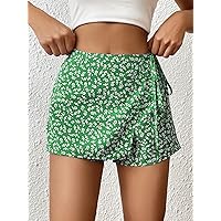 Shorts for Women Shorts Women's Shorts Ditsy Floral Print Knot Side Wrap Hem Skort Shorts (Color : Green, Size : XX-Small)