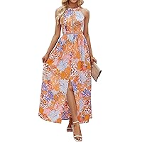 ZESICA Women's 2023 Summer Halter Neck Floral Print Backless Split Beach Party Maxi Dress