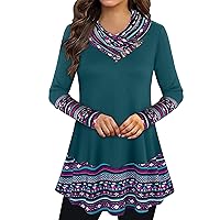 Cowl Neck Tunics Long Sleeve Patchwork Form Fitting Casual A-Line Top Blouse