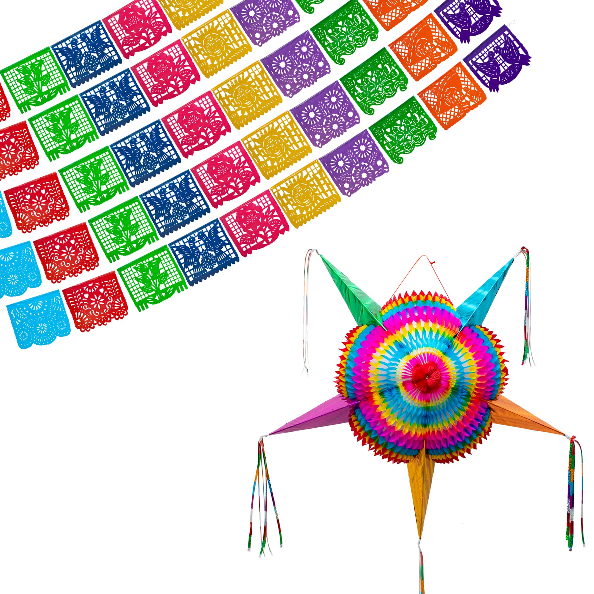 Mexican Party Banners (5 Pack - 10 Plastic Flag Designs per banner) + Mexican Piñata (Large 32 Inches) - Papel Picado Banner - Large Pinata