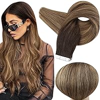 Full Shine Brown Balayage Tape in Human Hair Extensions 12 Inch Tape in Hair Extensions Rooted Tape Ins Color 2/3/27 Dark Brown To Honey Blonde Mixed Brown Tape in Balayage Hair 30 Gram 20 Pcs