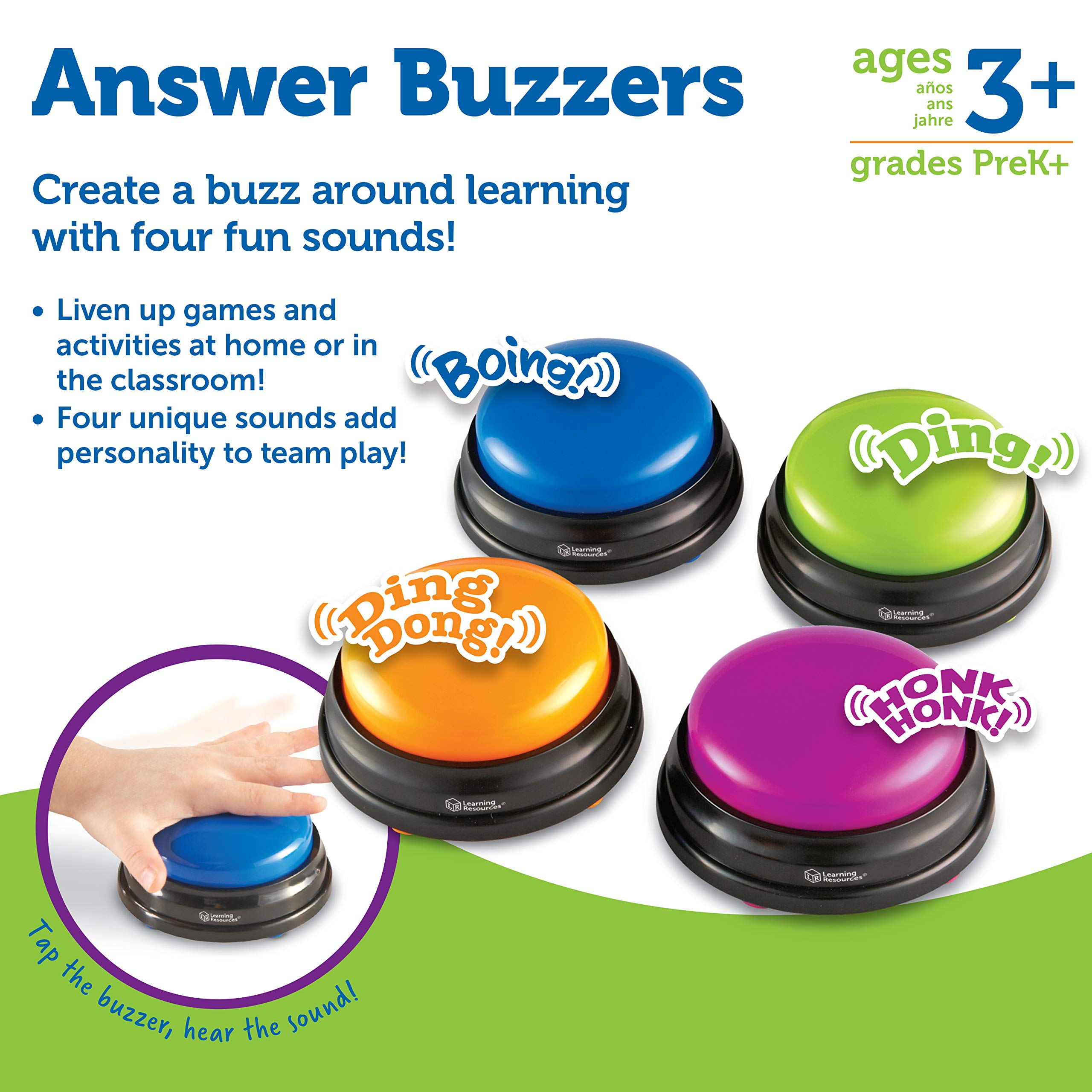 Learning Resources Answer Buzzers - Set of 4, Ages 3+, Assorted Colored Buzzers, Game Show Buzzers, Perfect for Family Game and Trivia Nights,Back to School