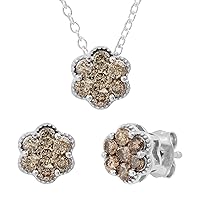 Dazzlingrock Collection 1 Carat (ctw) Round Champagne Diamond Seven Stone Flower Milgrain Edge Earrings & Pendant for Women | Available in 10K/14K/18K Gold & 925 Sterling Silver