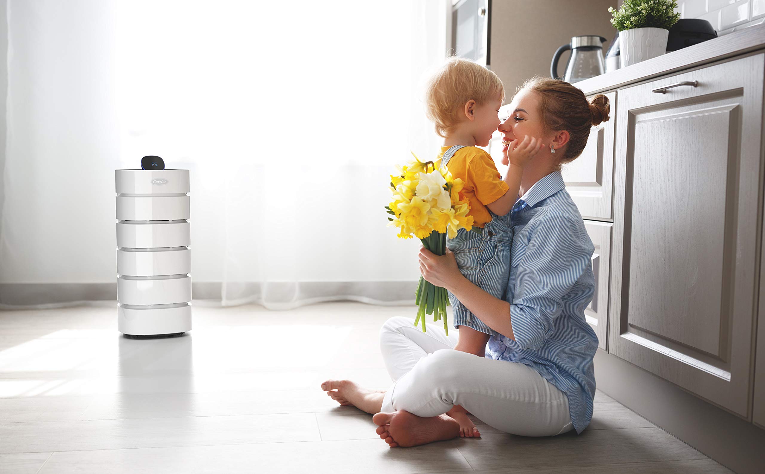 Carrier Smart Air Purifier Includes HEPA Filter and Air Quality Sensor, AHAM Verified for Rooms up to 560 Sq. Ft. with 360 Degree Filtration, White, 31.5 Inches (RMAP-SXL)