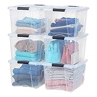 IRIS USA 40 Qt Stackable Plastic Storage Bins with Lids, 6 Pack - BPA-Free, Made in USA - See-Through Organizing Solution, Latches, Durable Nestable Containers, Secure Pull Handle - Clear
