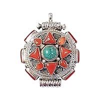 925 Sterling Silver Coral & Turquoise Gemstone Tibetan Gau Box Pendant for Women & Men Handmade Pendant Ethnic Tribal Filigree Design Fashion Locket Pendant Gift Party Boho Jewellery