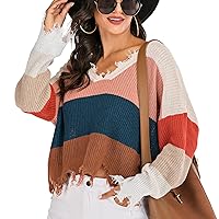 Women?s Fashion Long Sleeve Striped Casual Color Block Knitted Sweater Crew Neck Loose Hole Pullover Jumper Tops