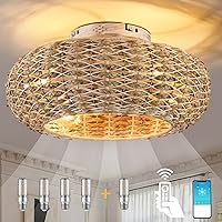 Boho Caged Ceiling Fans with Lights Flush Mount,Low Profile Ceiling Fan with Remote and APP,20 Inch Rattan Fan for Bedroom,6 Speeds Reversible Silent Fandalier (5 LED Bulb Include)…