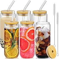Whaline Drinking Glasses with Bamboo Lids and Glass Straw 4pcs  Set - 16oz Can Shaped Glass Cup, Iced Coffee Glass Ideal for Cocktail,  Whiskey, Gift - 2 Cleaning Brushes: Old Fashioned Glasses