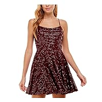 Womens Burgundy Stretch Sequined Zippered Lace-up Tie Back Padded Cups Spaghetti Strap Scoop Neck Short Party Fit + Flare Dress Juniors 13