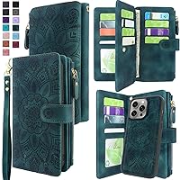 Harryshell Compatible with iPhone 15 Pro Max 6.7 inch 5G 2023 Wallet Case Detachable Removable Phone Cover Zipper Cash Pocket Multi Card Slots Wrist Strap Lanyard (Floral Teal)