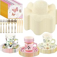 92 Pcs Tea Party Decoration Includes 12 Sets Girls's Hat Disposable 9 oz Paper Tea Cups with Handle and Saucers Gold Plastic Cutlery 20 Floral Paper Napkin for Wedding Birthday Bridal Shower