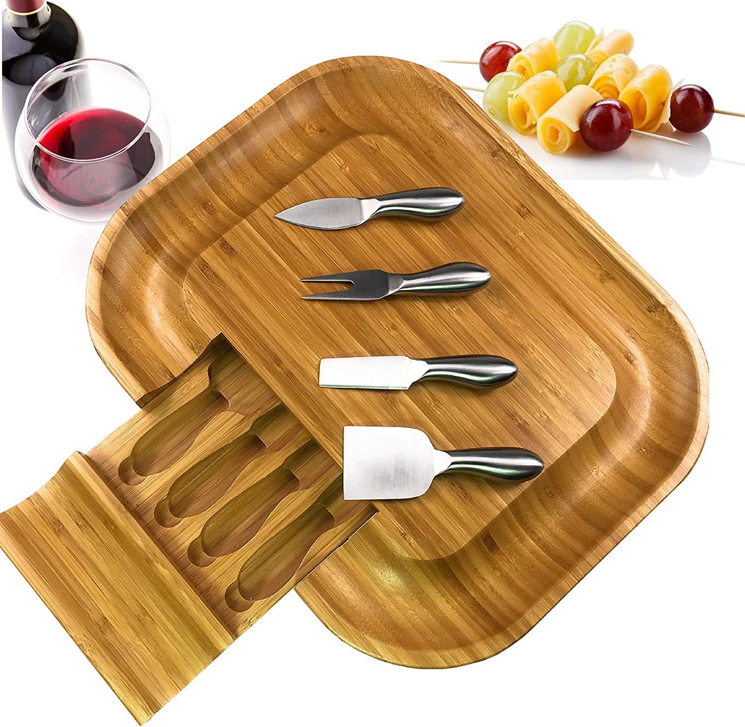 Solander Skelf Large Cheese Board and Knife Set - Stylish Charcuterie Board Set, Bamboo Housewarming Gifts New Home, Birthday Gifts for Women, or Wedding Gifts for Couples