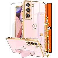 (3in1 for Samsung Galaxy S21 5G Case Heart for Women Girls Girly Cute Pretty with Stand Luxury Phone Cases Gold Plating Love Hearts Aesthetic Cover+Screen+Chain for S21 5G 6.2