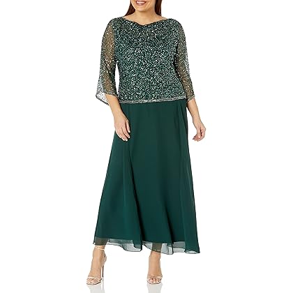 J Kara Women's Plus Size 3/4 Sleeve Long Embellished Gown with Cowl Neck