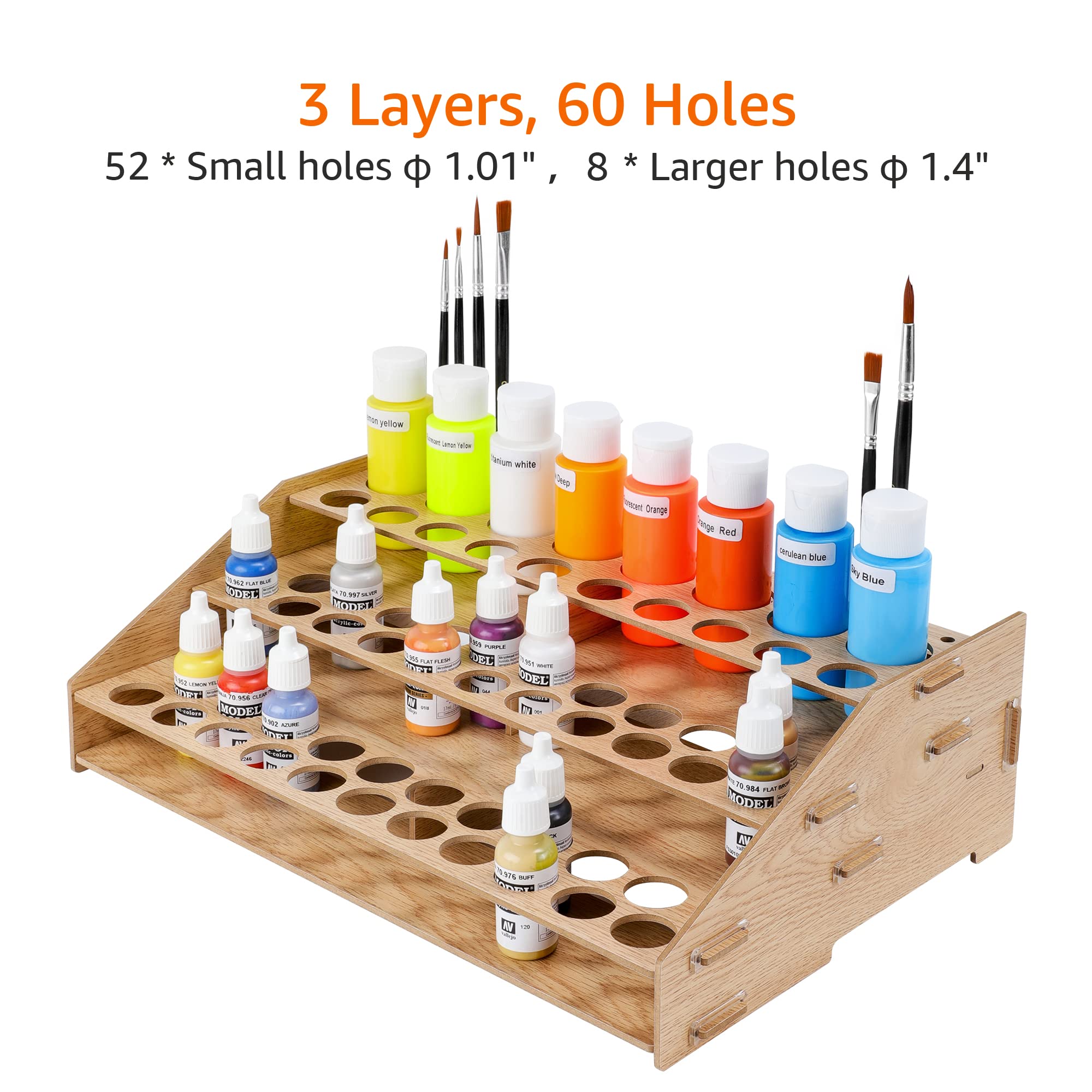 Amazon Basics Craft Paint & Brush Organizer Rack, Holds up to 60 Bottles (52 1-inch and 8 1.47-inch) and 22 brushes - 14 x 8 Inches, Wood Finish, Light brown, 14.1 x 9.6 x 4.3